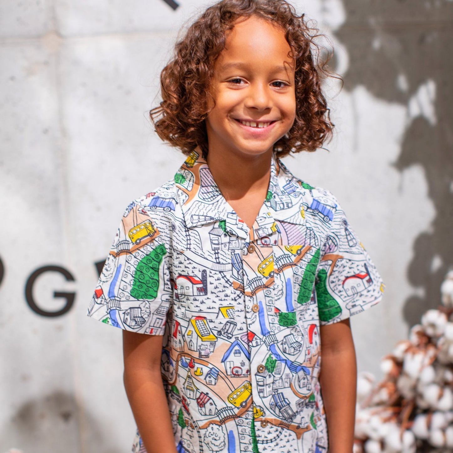 Village Print Boys and Girls Button Up Shirt