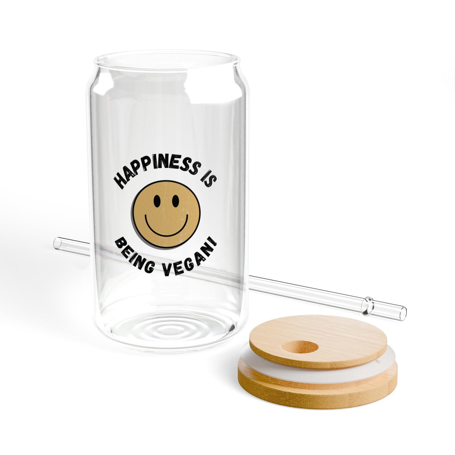 Happiness is Vegan - Jar Glass, 16oz - Vegan America