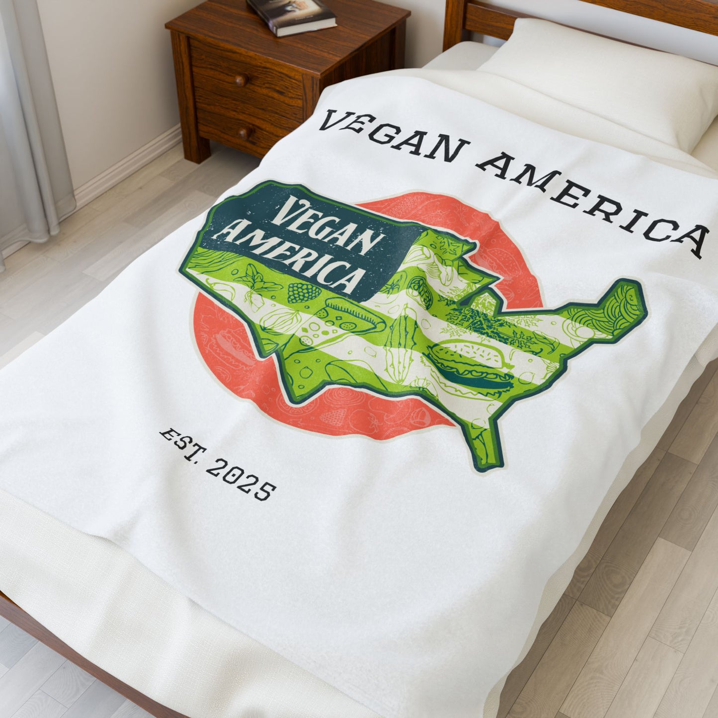Cozy Vegan America Plush Blanket | Sustainable Home Decor, Gift for Vegans, Housewarming, Eco-Friendly Throw, Unique Blanket