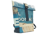 backpack urban publicity banner blue & white letters - Vegan America
