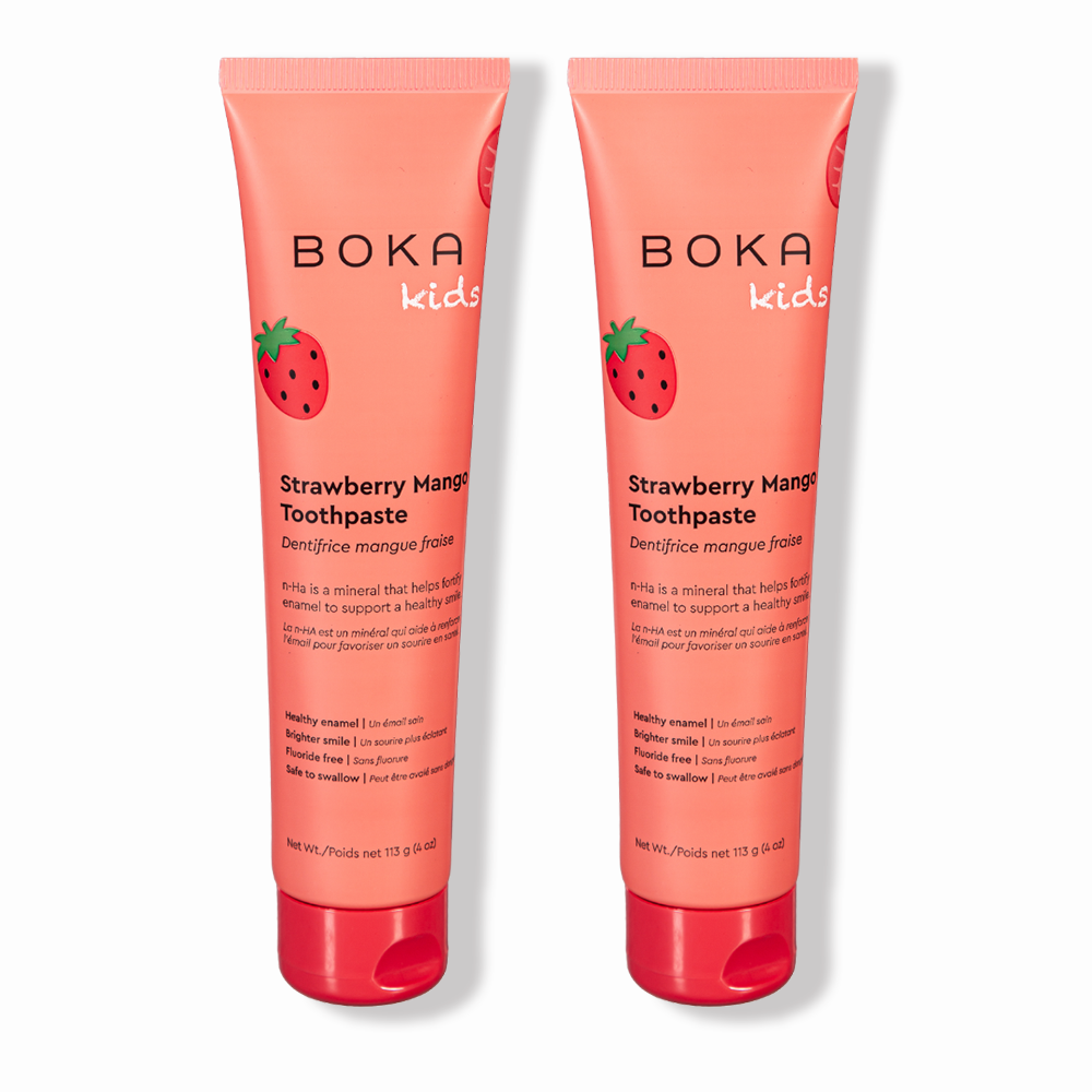 Two tubes of Strawberry Mango n-Ha Toothpaste to remineralize kids teeth.