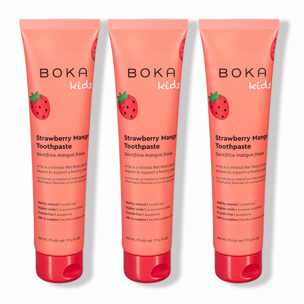 Three tubes of Strawberry Mango n-Ha Toothpaste to help remineralize teeth.