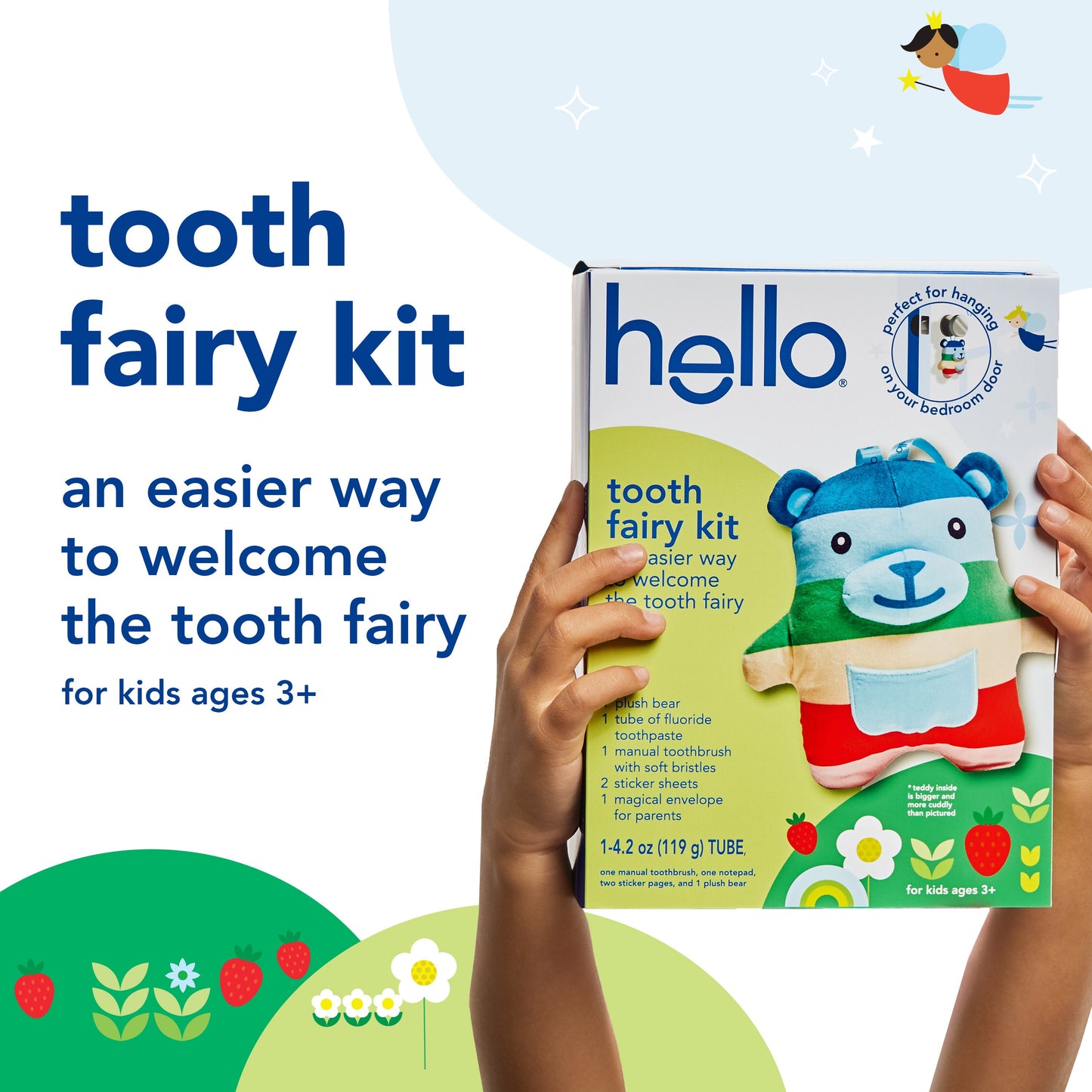 hello tooth fairy kit with tooth fairy door hanger and tooth teddy bear