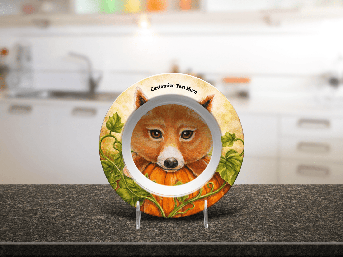 Personalized Plate & Bowl with Fox & Pumpkin – Whimsical Tableware for Everyone - Vegan America