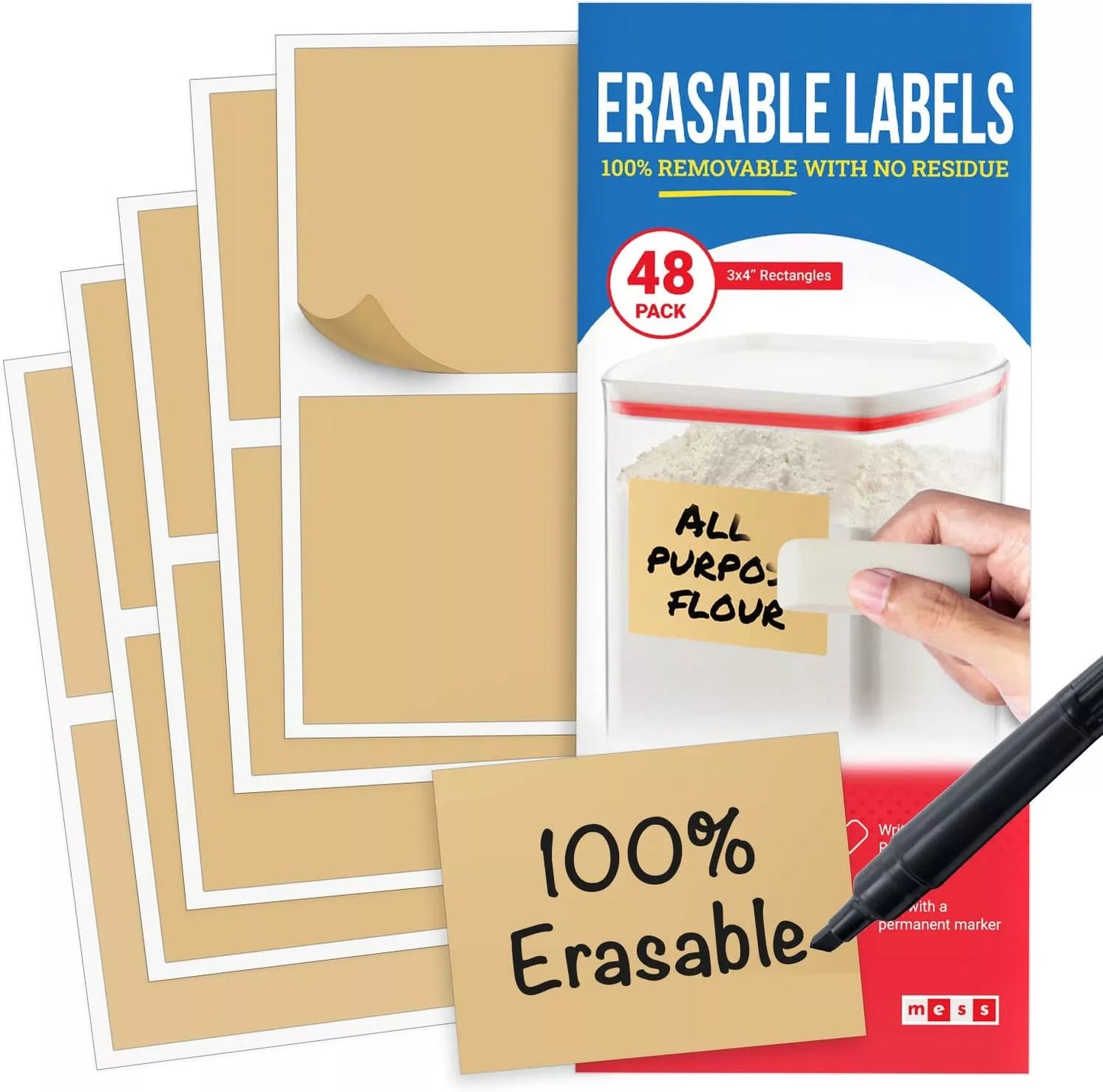 Reusable and Erasable Labels for Food Containers (48 - Pack 3x4") Kraft - Vegan America