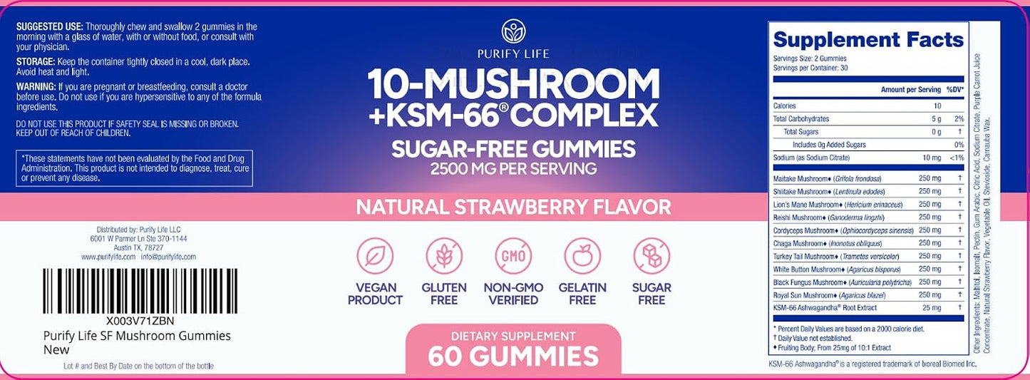 Sugar-Free Mushroom Gummies with KSM 66 Ashwagandha, Natural Stress Support - Vegan America