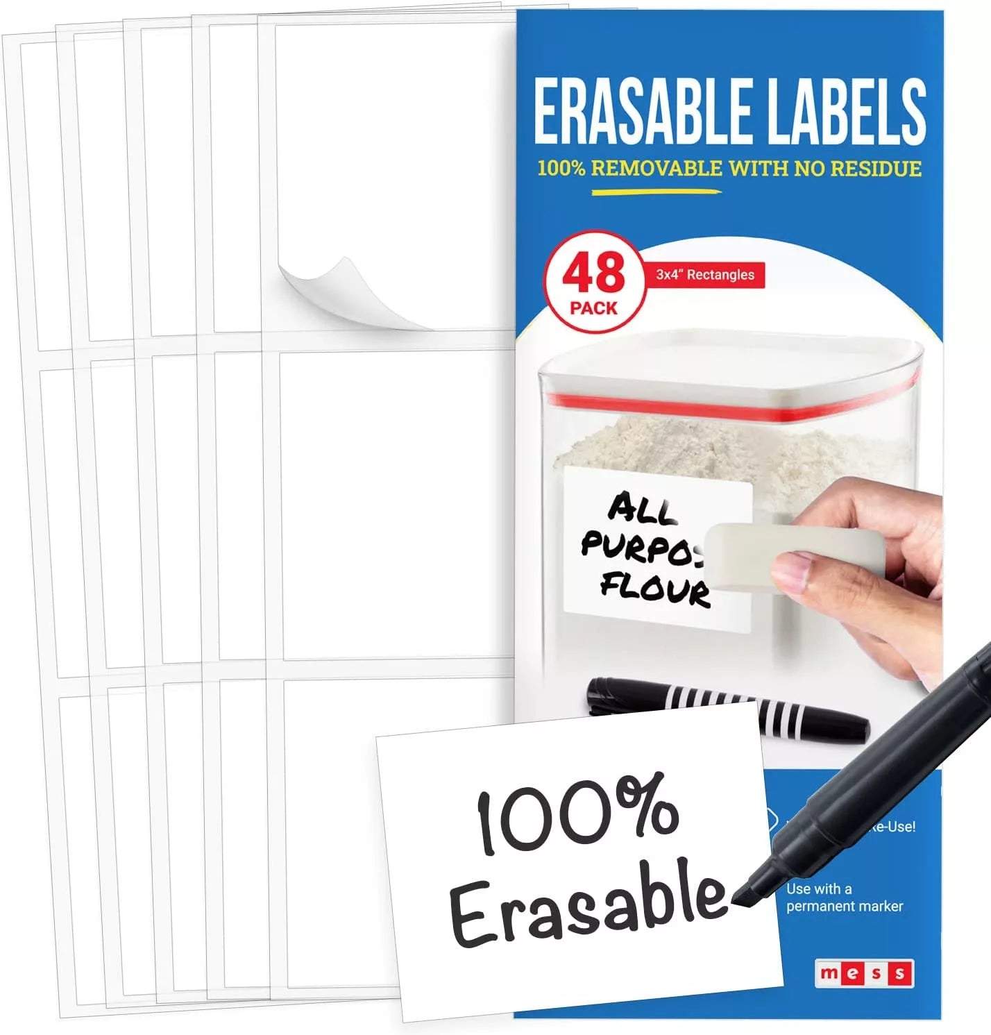 Reusable and Erasable Labels for Food Containers (48 - Pack) 3x4" - Vegan America