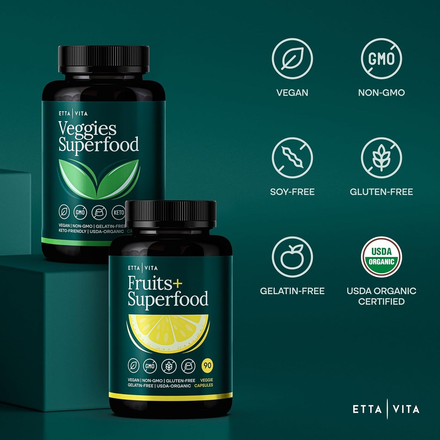 USDA Organic Fruits and Veggies Supplement, Easy to Swallow Whole Food Vegan Capsules, 31 Real Superfoods, Fruit and Vegetable Supplement for Adults, Energy and Immune Support, Non-GMO, 180 Count