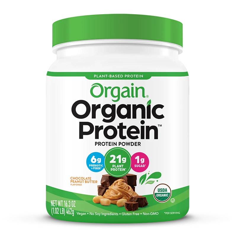 Front of Organic Protein Plant Based Protein Powder - Chocolate Peanut Butter Flavor in the 1.02lb Canister Size