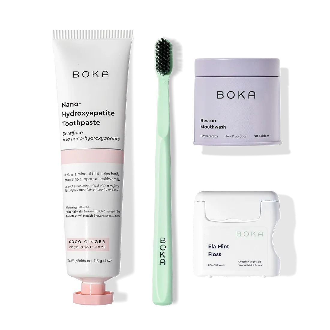 Boka Advanced Kit: kid-friendly toothpaste, green toothbrush, mouthwash tablets, and floss shown.