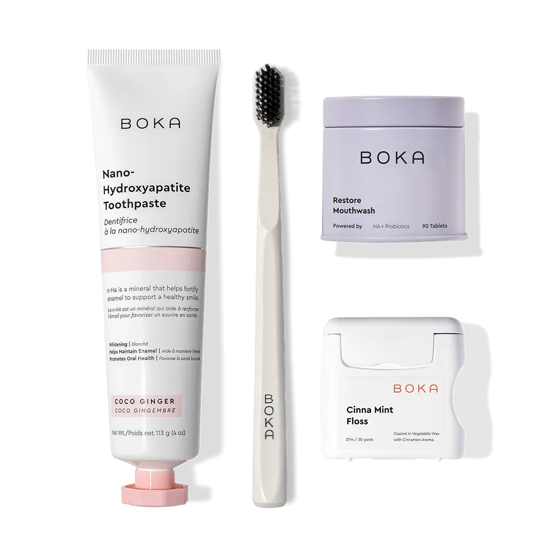Advanced Kit: kid-friendly toothpaste, toothbrush, and mouthwash tablets on a white background.