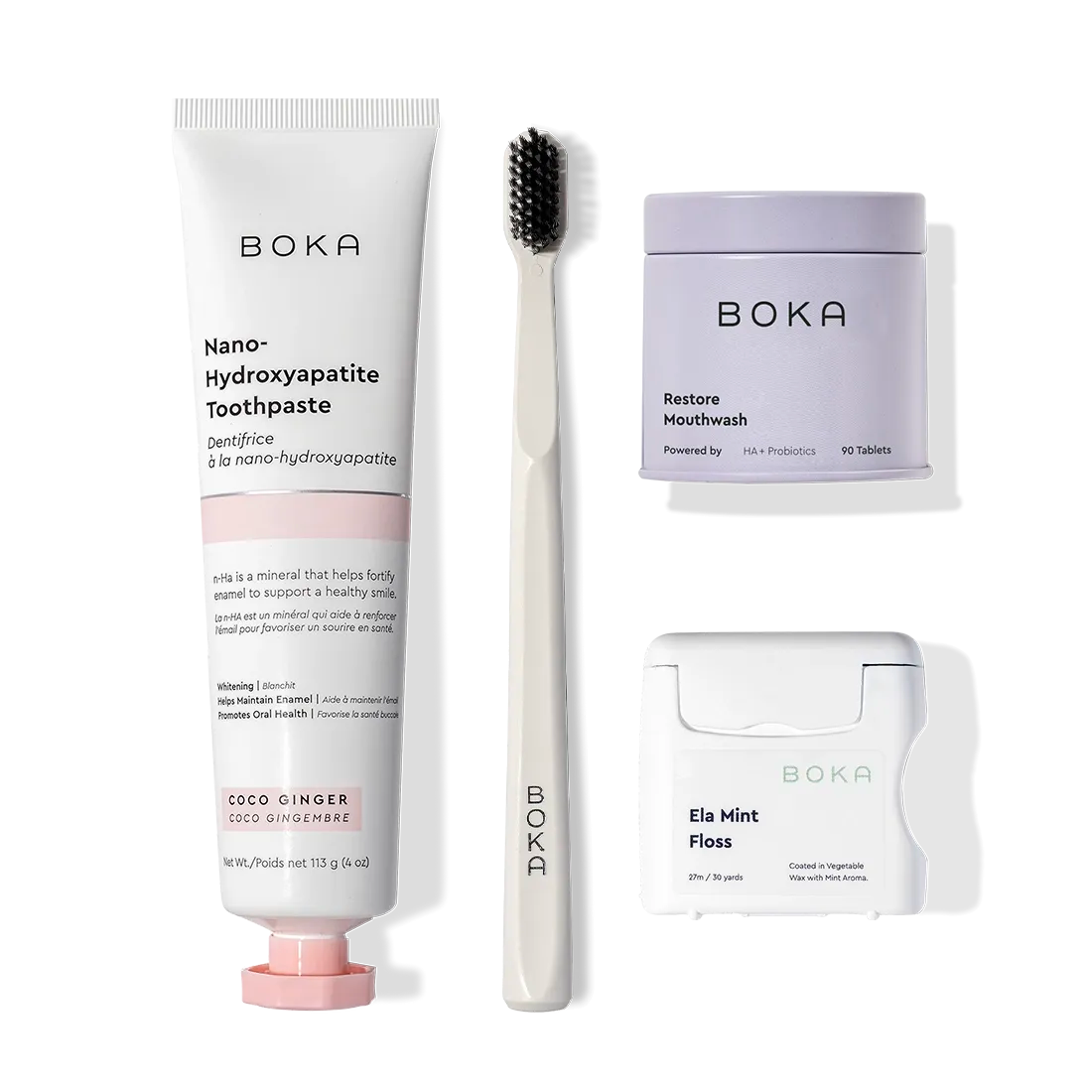 Boka Advanced Kit: kid-friendly toothpaste (safe if swallowed), plus toothbrush, floss, and mouthwash tabs.