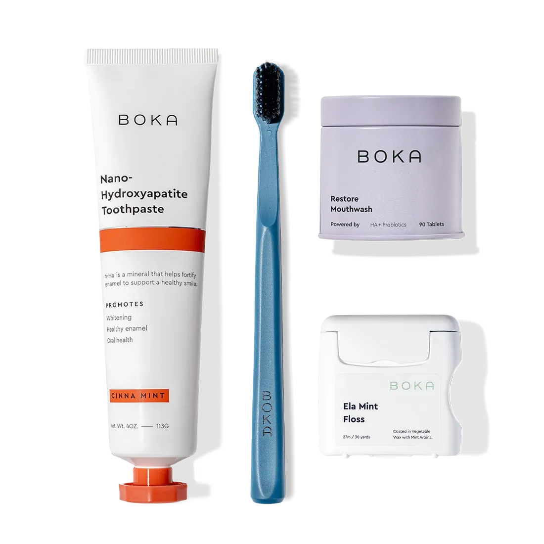 Boka Advanced Kit: toothpaste safe if swallowed, toothbrush, mouthwash tablets, and dental floss.