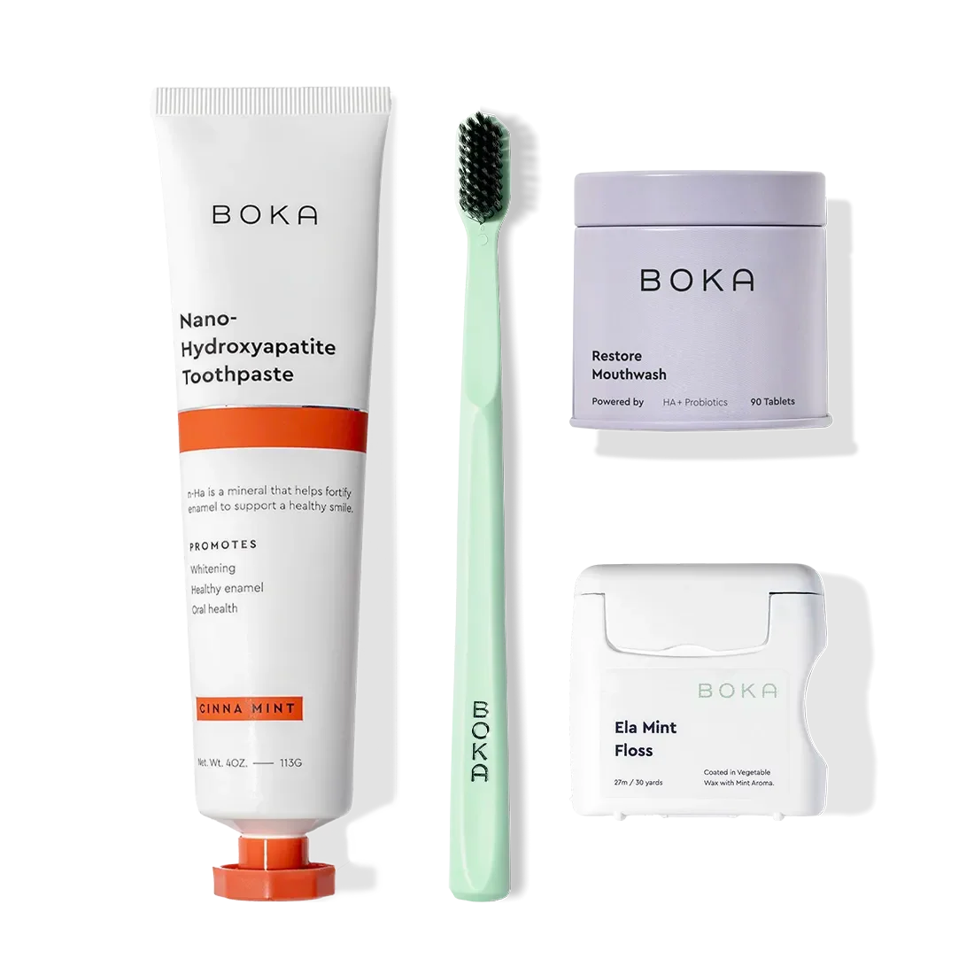 Boka Advanced Kit: safe if ingested, includes toothpaste, toothbrush, floss & mouthwash tablets.