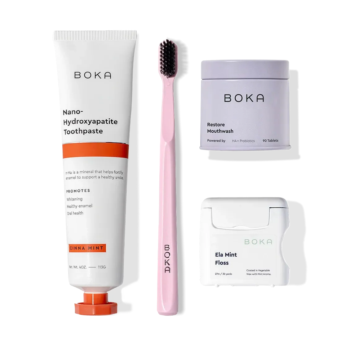 The Advanced Kit includes kid-safe Boka toothpaste, a pink toothbrush, mouthwash, and Ela Mint floss.