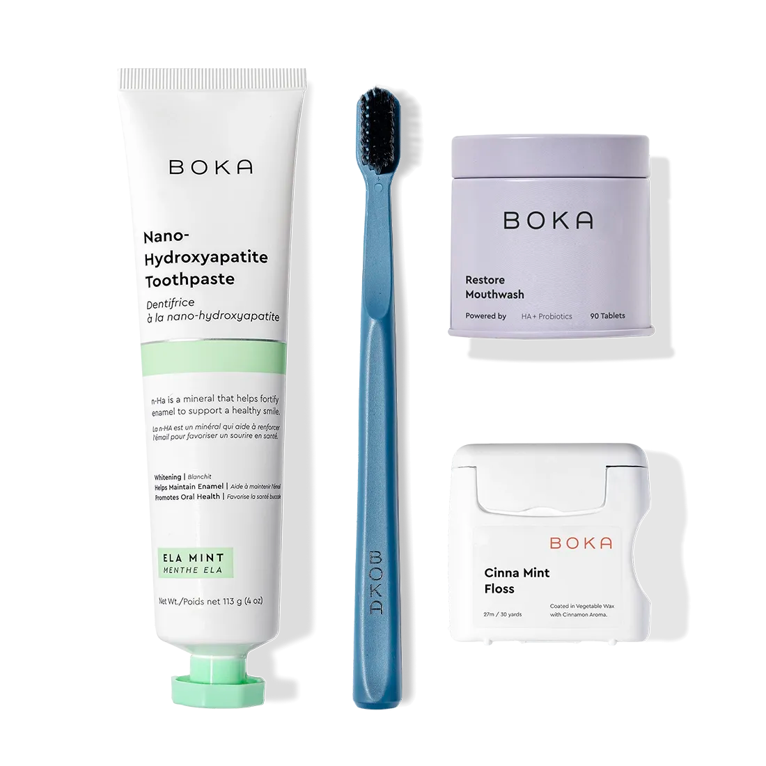 The Advanced Kit includes toothpaste, a blue kids brush, restore tablets, and Cinna Mint floss.