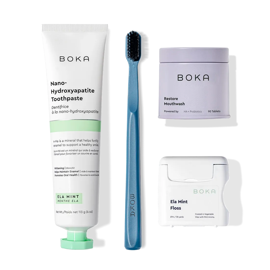 Advanced Kit—Boka toothpaste, toothbrush, floss, and mouthwash tablets—kid-safe if ingested.