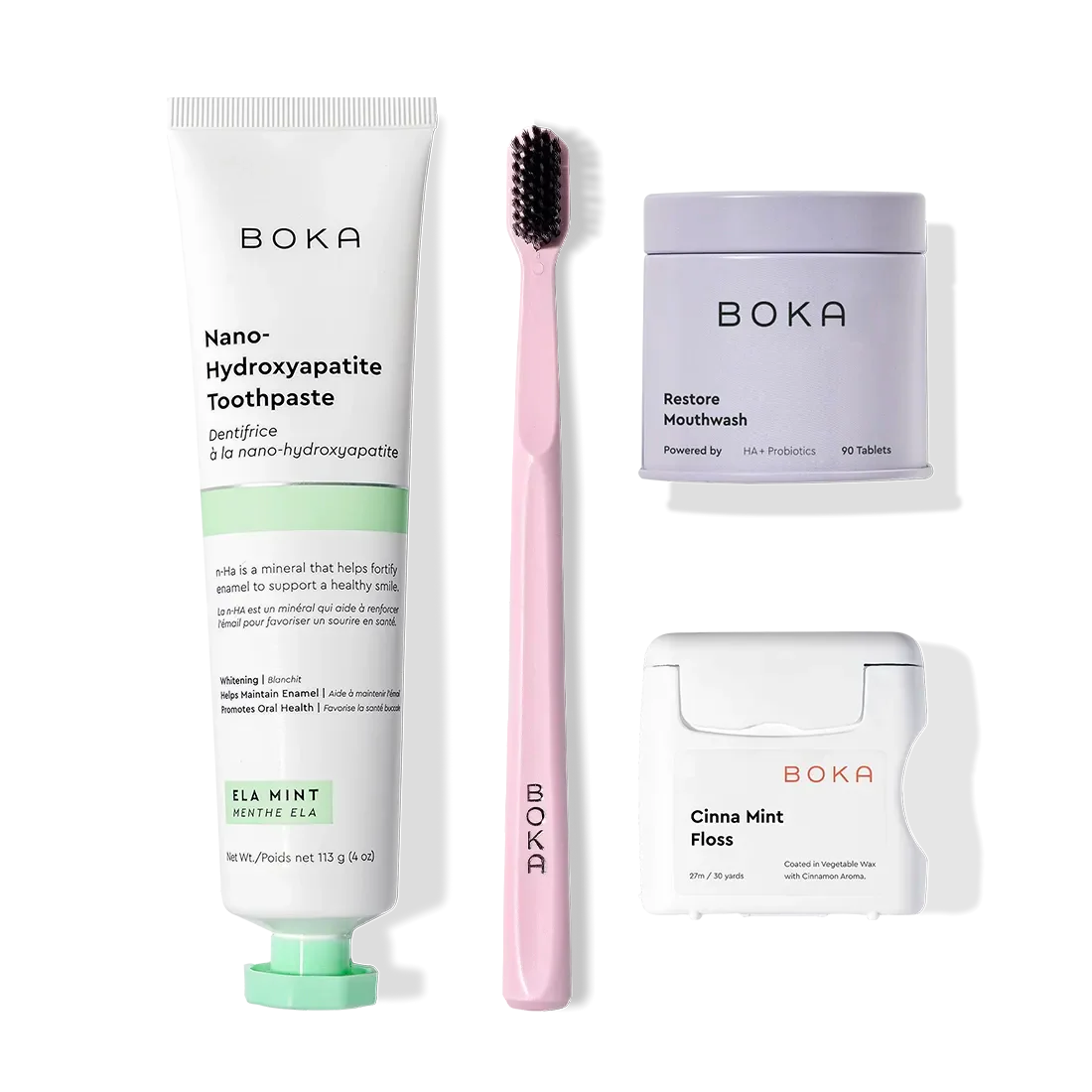 Advanced Kit with kids toothpaste, pink toothbrush, and safe if ingested mouthwash tablets.
