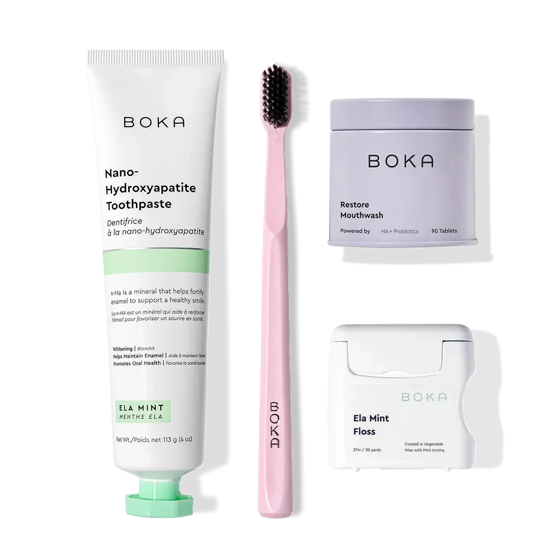 The Advanced Kit—Boka toothpaste, kids’ pink toothbrush, mouthwash tablets, and floss—are all safe if ingested.
