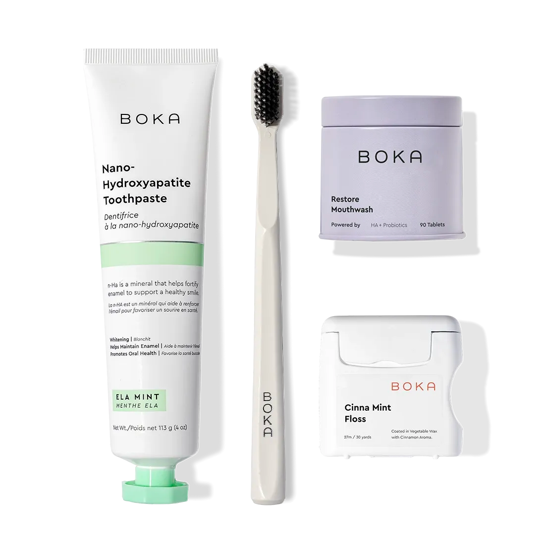 The Advanced Kit for kids includes toothpaste, toothbrush, mouthwash tablets, and floss on white.