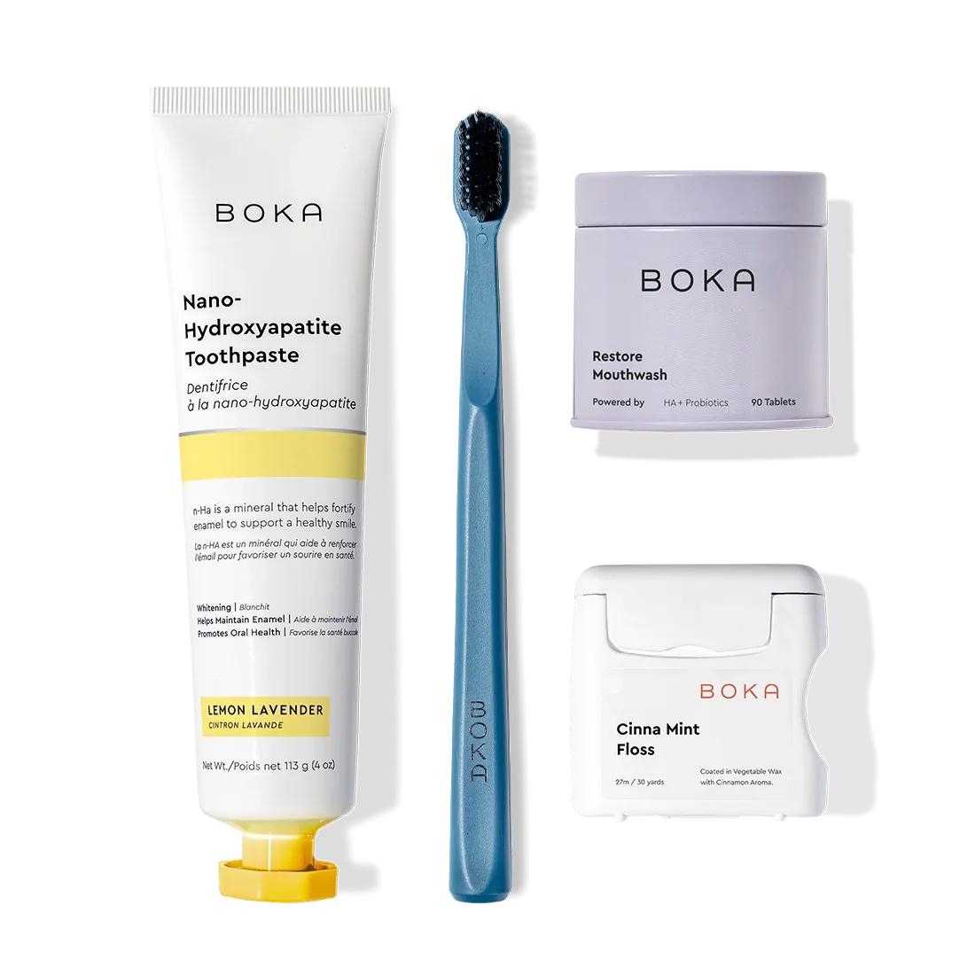 Advanced Kit—safe for kids if accidentally ingested: toothpaste, blue toothbrush, and mouthwash tablets.