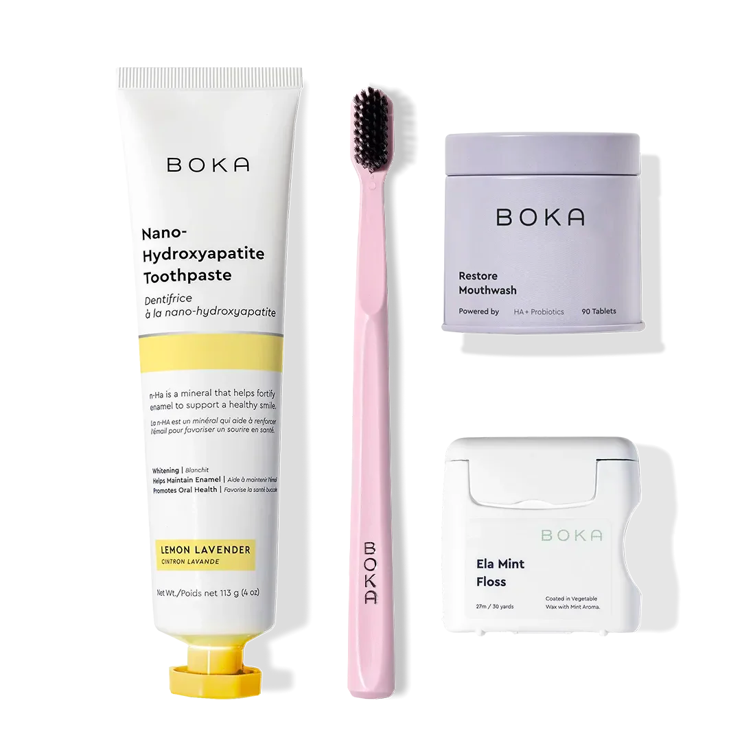 Advanced Kit—includes Boka toothpaste, pink toothbrush, and mint floss—safe for kids if ingested.