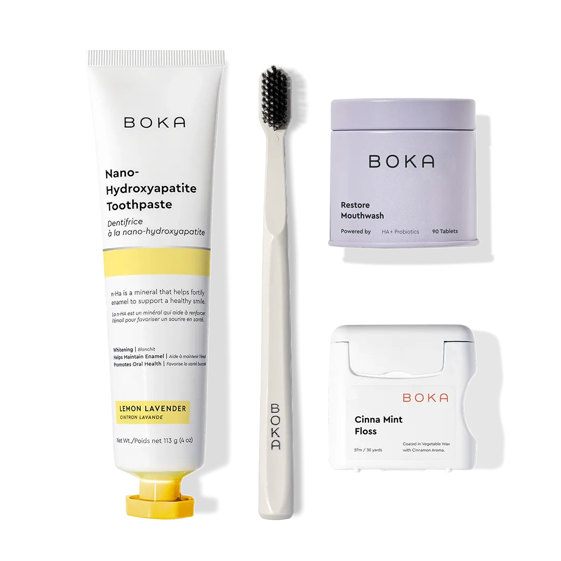 Advanced Kit: Boka toothpaste (safe if swallowed), toothbrush, floss, and mouthwash tablets shown.
