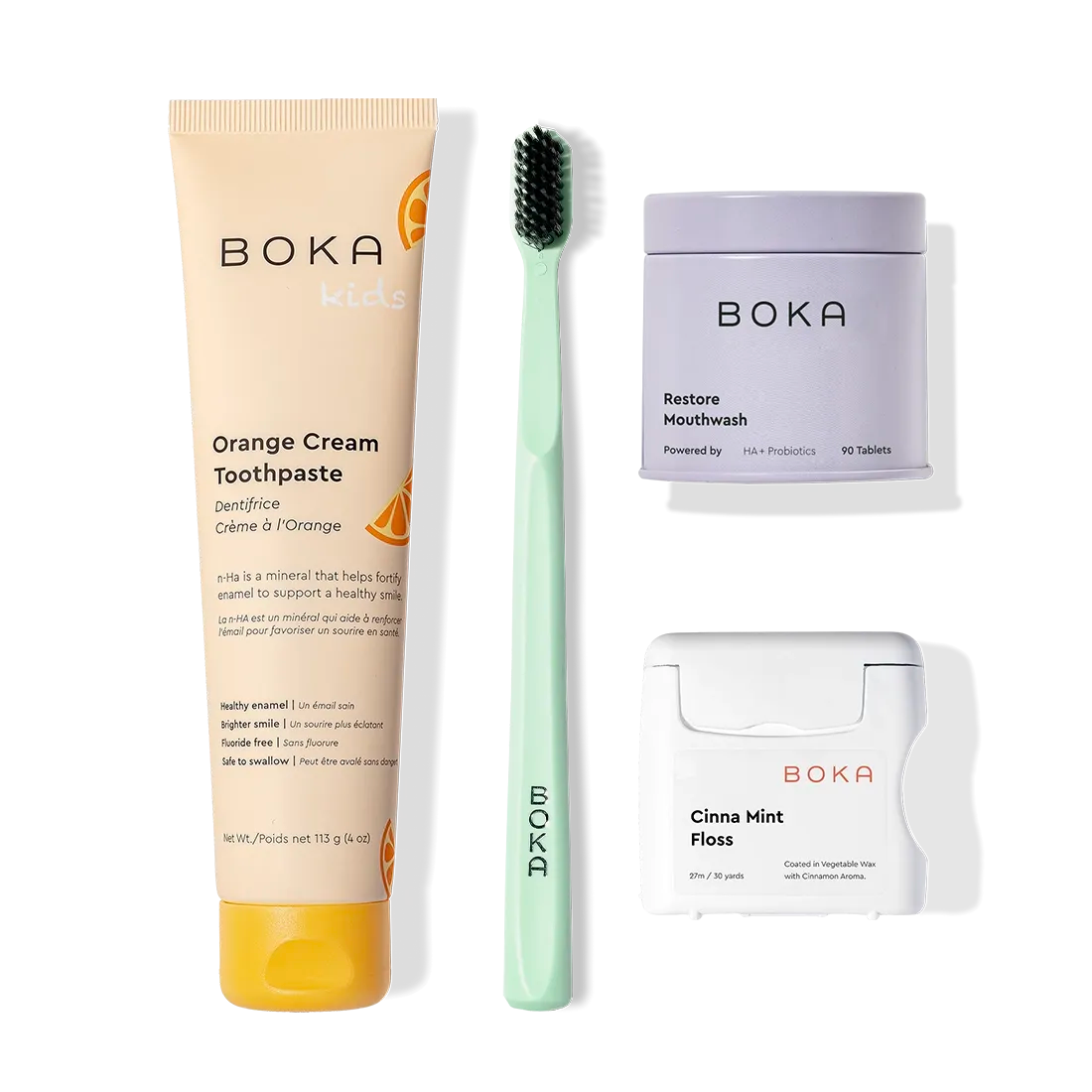 The Advanced Kit includes toothpaste safe for kids, green toothbrush, mouthwash tablets, and floss.