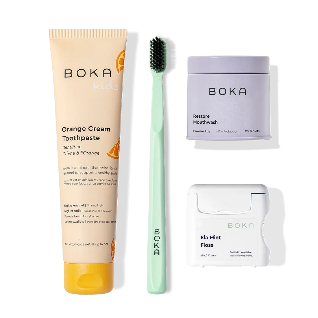 Boka Advanced Kit: kids-safe toothpaste, green toothbrush, mouthwash tablets & mint dental floss.