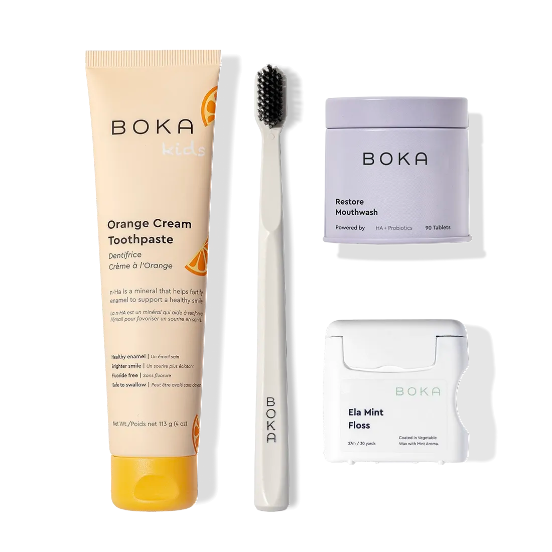 The Advanced Kit includes Boka toothpaste, toothbrush, Restore mouthwash tablets, and Ela Mint floss.