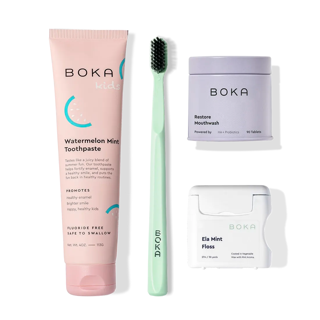 Advanced Kit includes kid-safe toothpaste, toothbrush, mouthwash tablets, and mint floss.