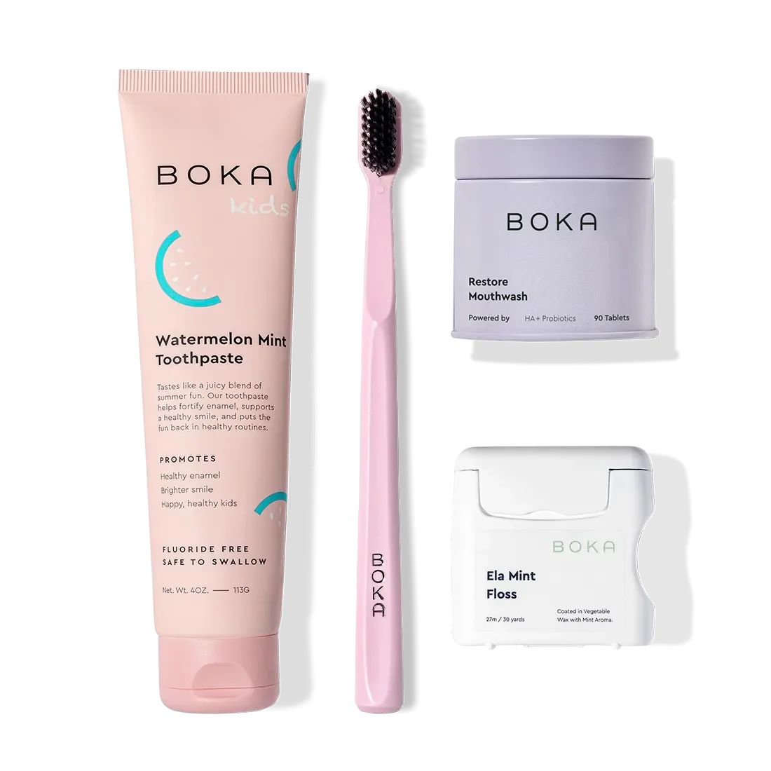 The Advanced Kit includes four Boka oral care products: toothpaste, toothbrush, tablets, and floss.