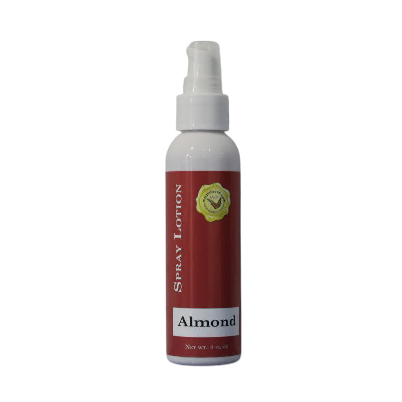 Almond Spray Lotion shown in a white bottle with a cherry red label