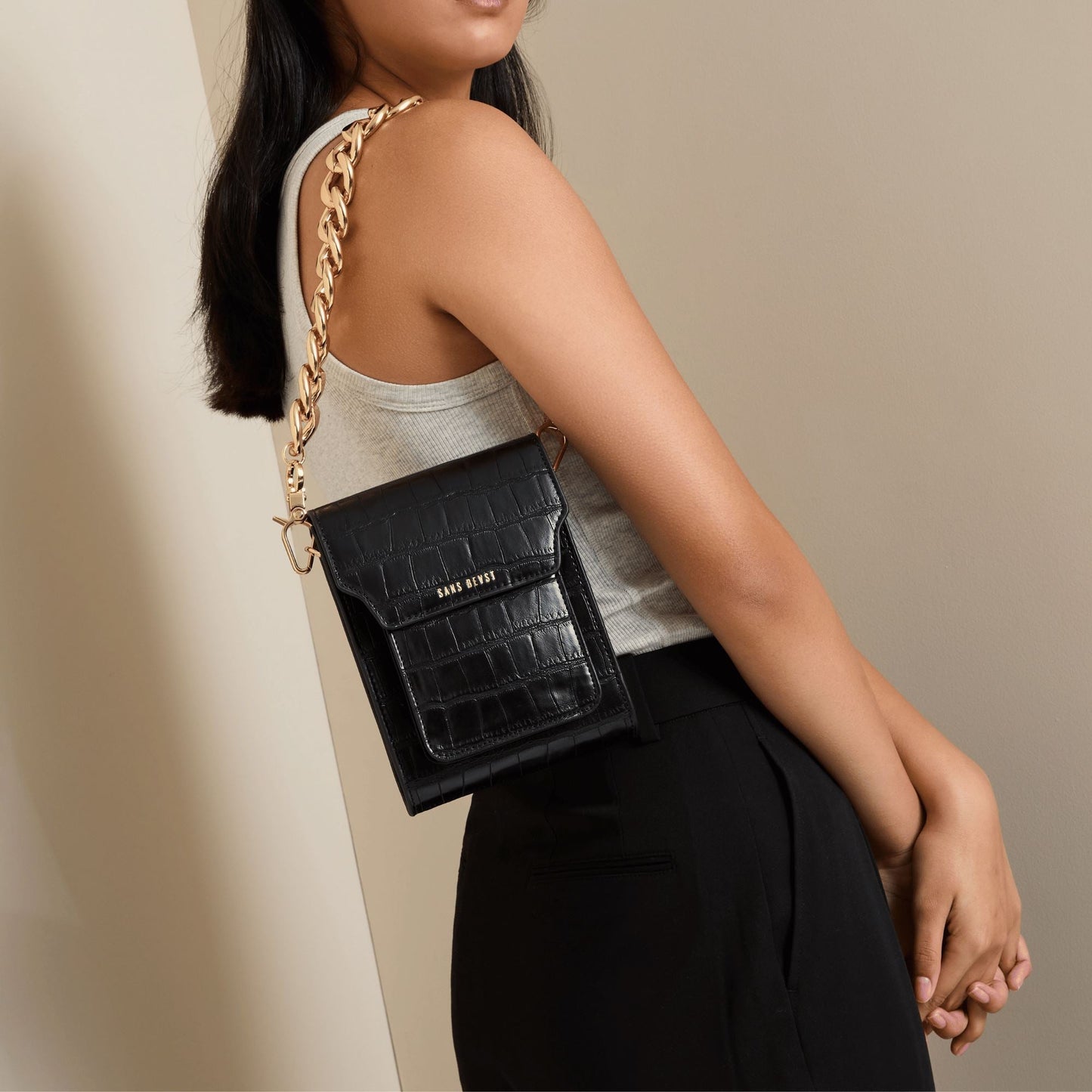 Bandolier Crossbody - Noir Croco + Gold