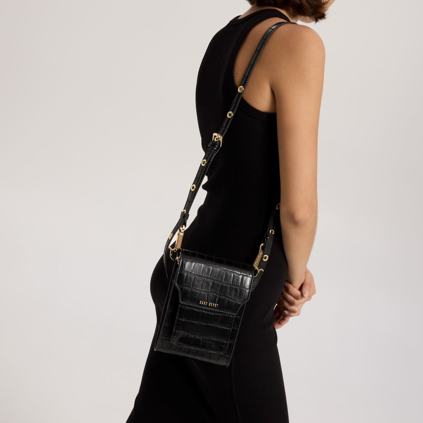 Bandolier Crossbody - Noir Croco + Gold