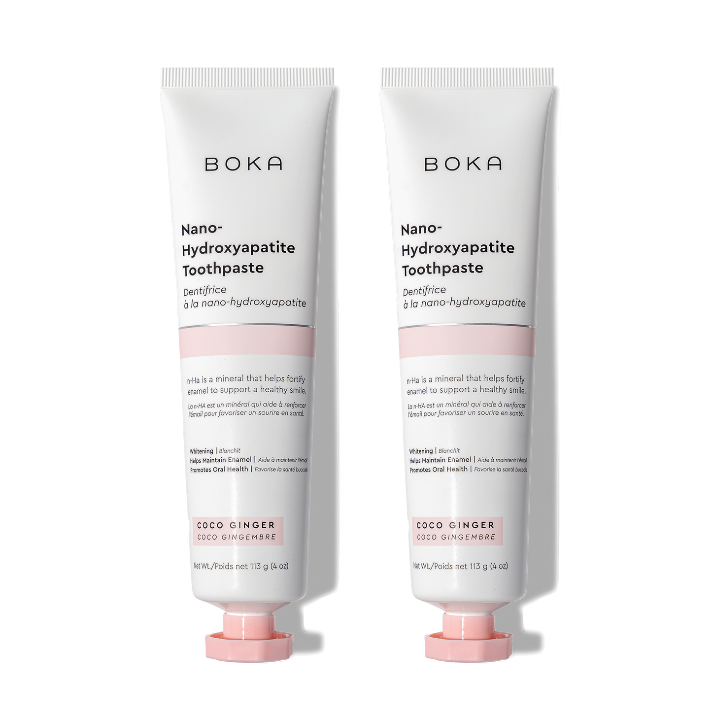 Two tubes of Coco Ginger n-Ha Toothpaste with nano-hydroxyapatite to remineralize teeth.