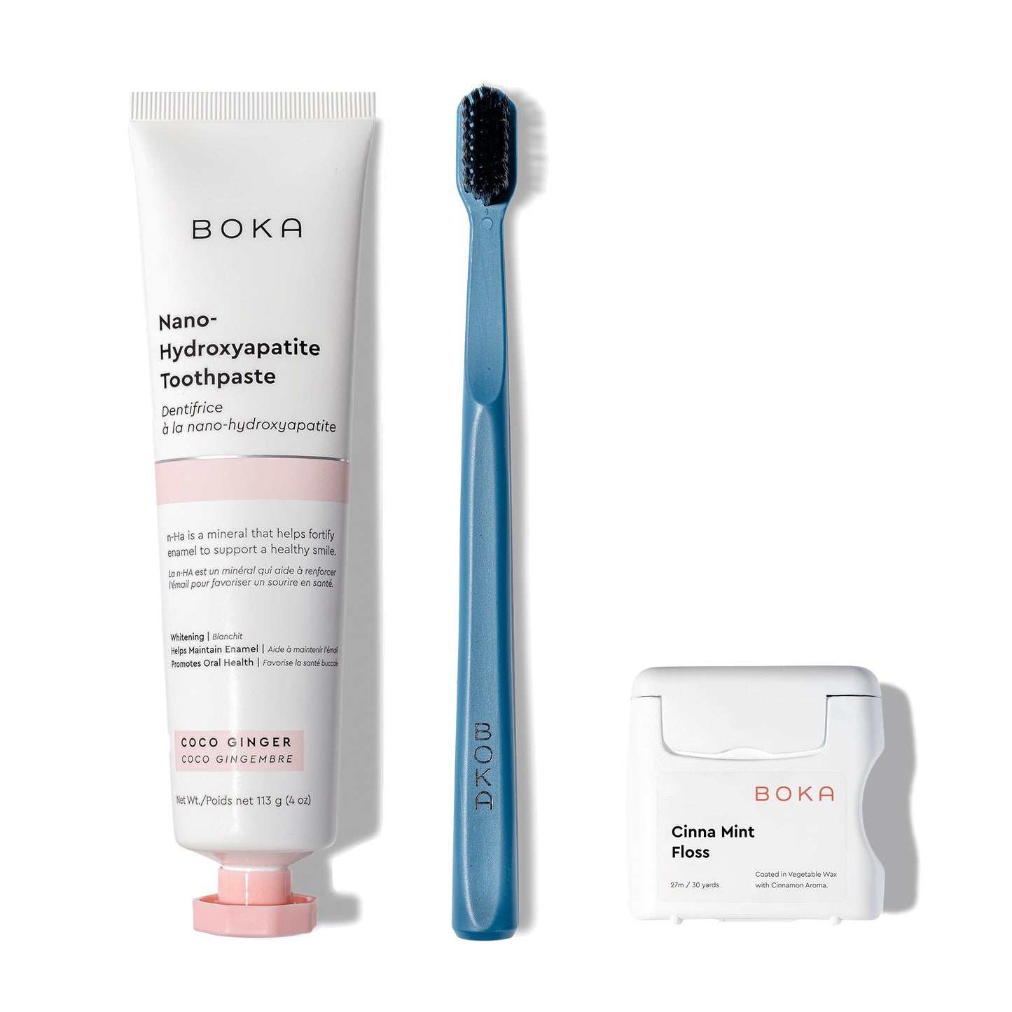 Classic Kit: nano-hydroxyapatite toothpaste, blue charcoal-bristle brush & teflon-free floss.