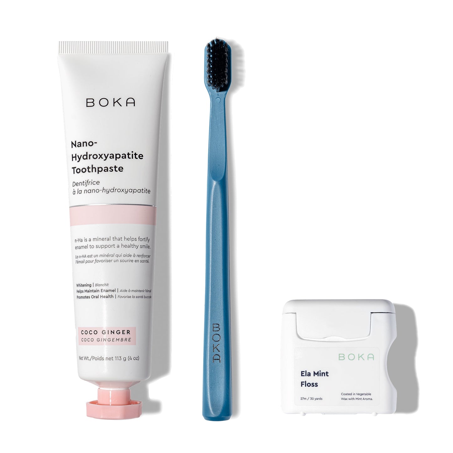 Classic Kit: nano-hydroxyapatite toothpaste, blue brush with charcoal bristles, and teflon-free floss.