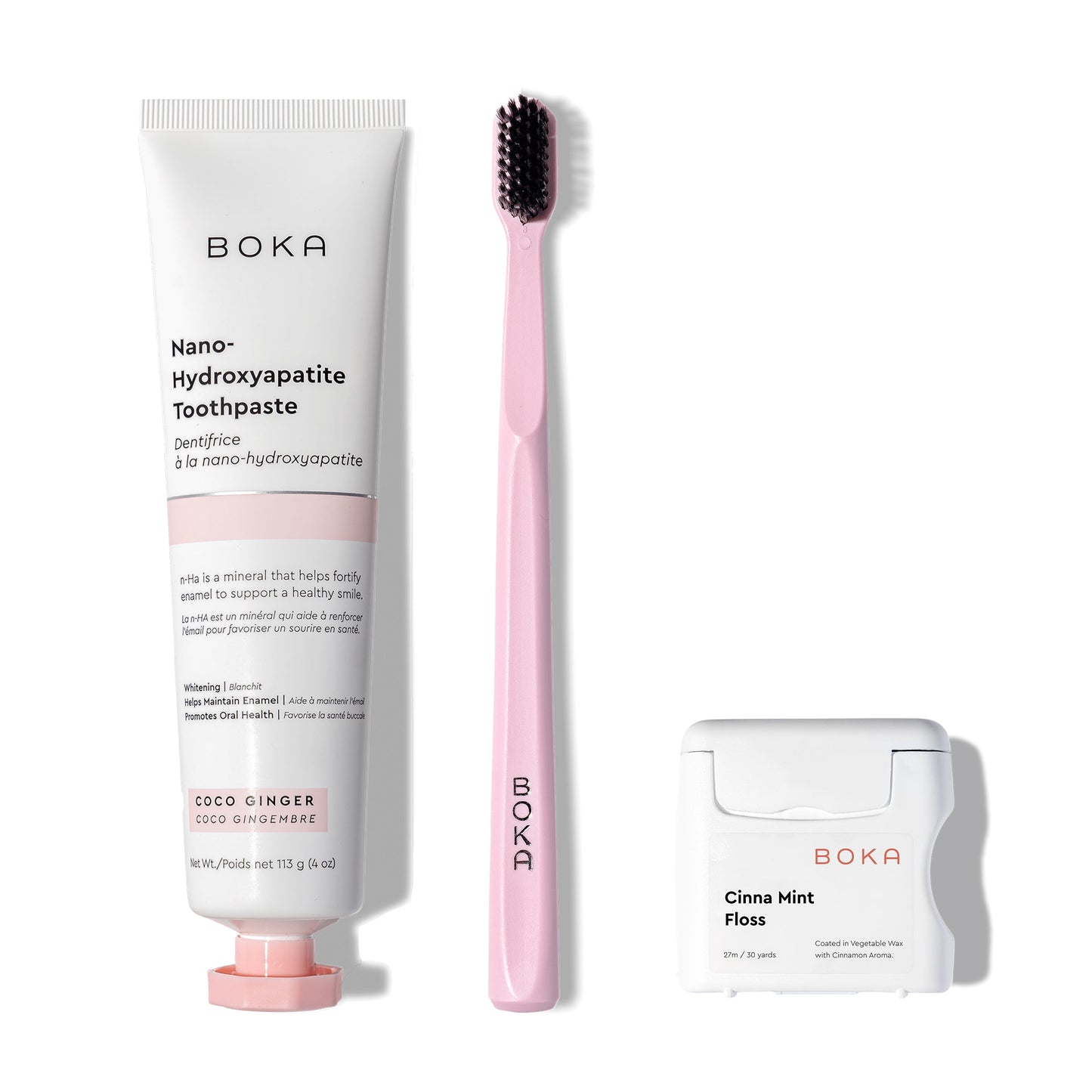 Classic Kit: nano-hydroxyapatite toothpaste, pink charcoal bristle brush, teflon-free floss.