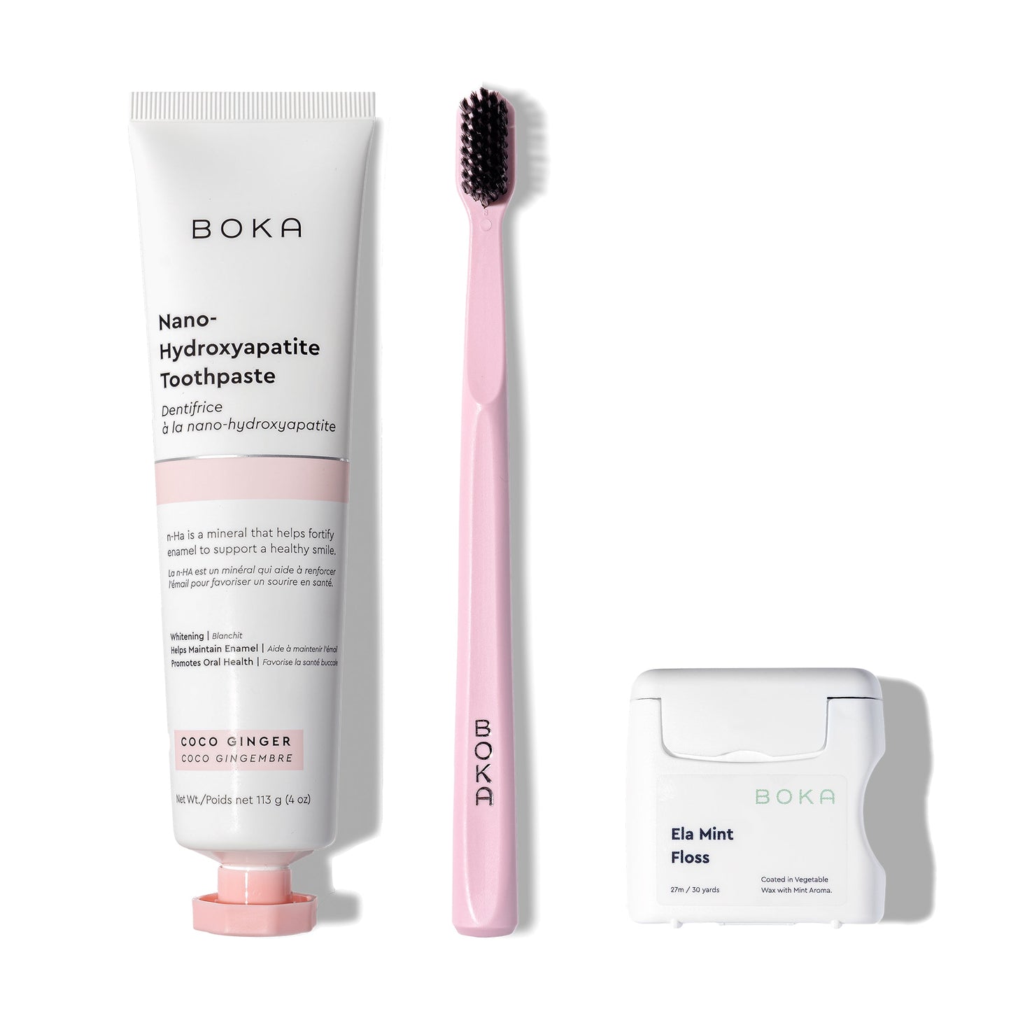 Classic Kit: nano-hydroxyapatite toothpaste, pink charcoal bristle brush, and Teflon-free floss.