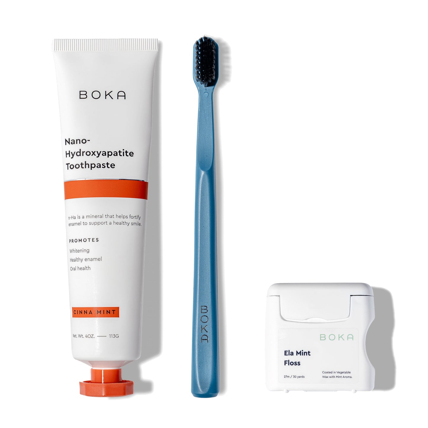 The Classic Kit includes nano-hydroxyapatite toothpaste, a blue toothbrush, and teflon-free floss.