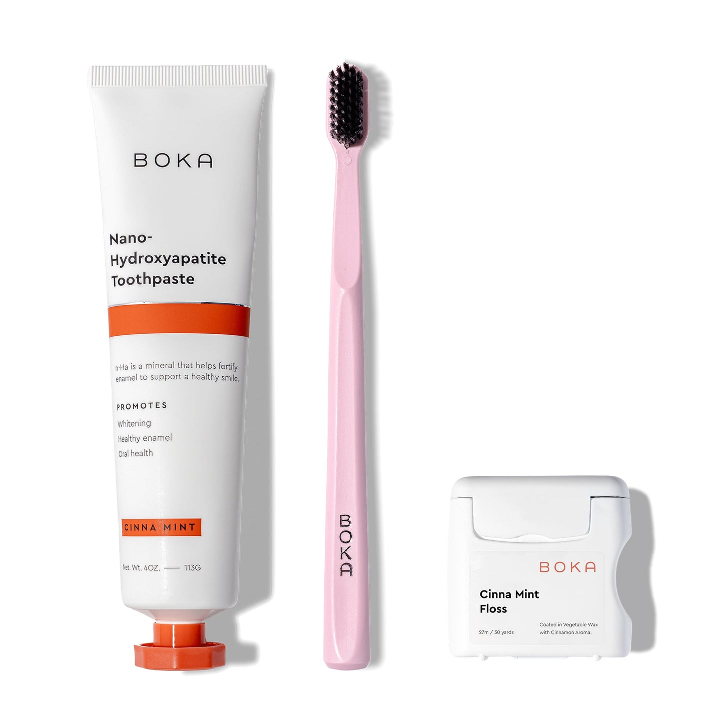 Classic Kit: nano-hydroxyapatite toothpaste, pink charcoal-bristle brush & teflon-free floss.