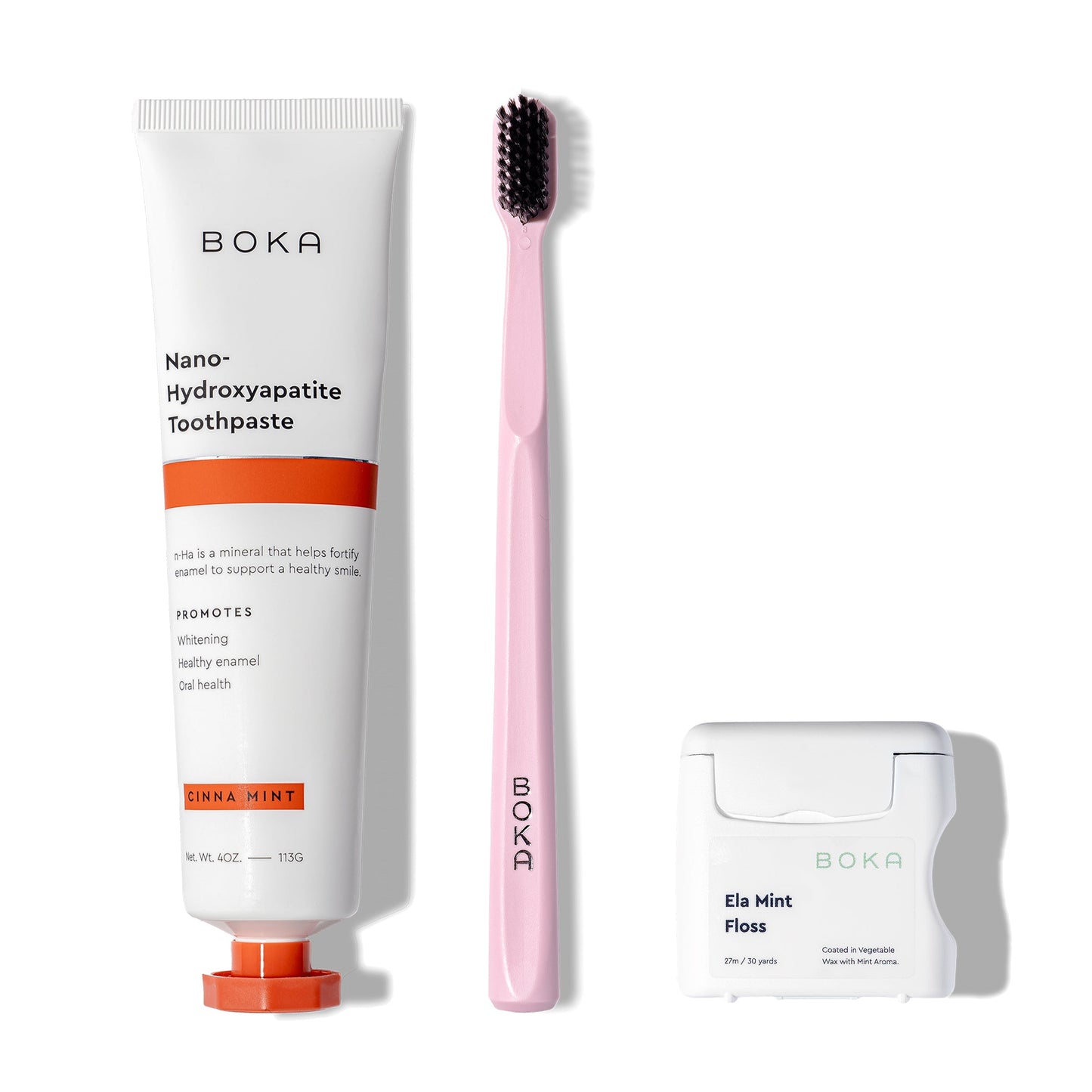 Classic Kit: nano-hydroxyapatite toothpaste, pink brush with charcoal bristles, teflon-free floss.