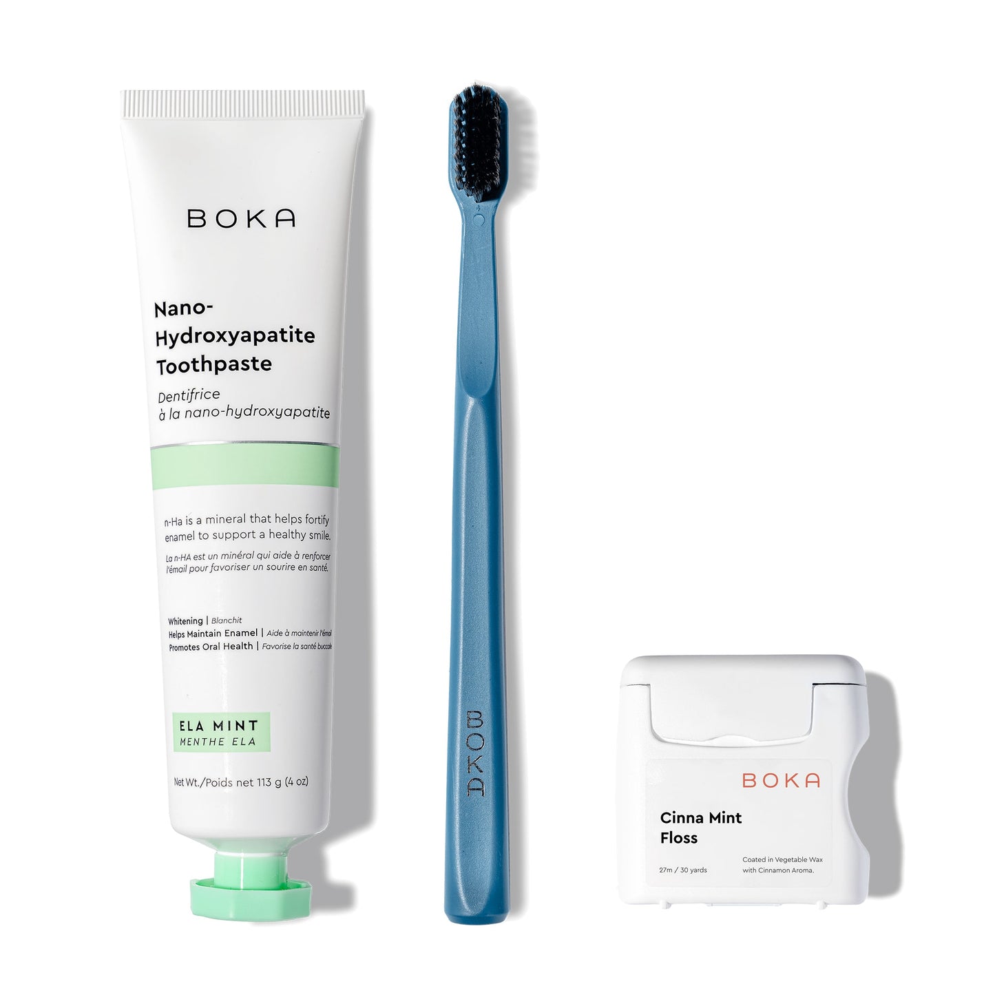 The Classic Kit includes nano-hydroxyapatite toothpaste, a blue brush, and teflon-free floss.
