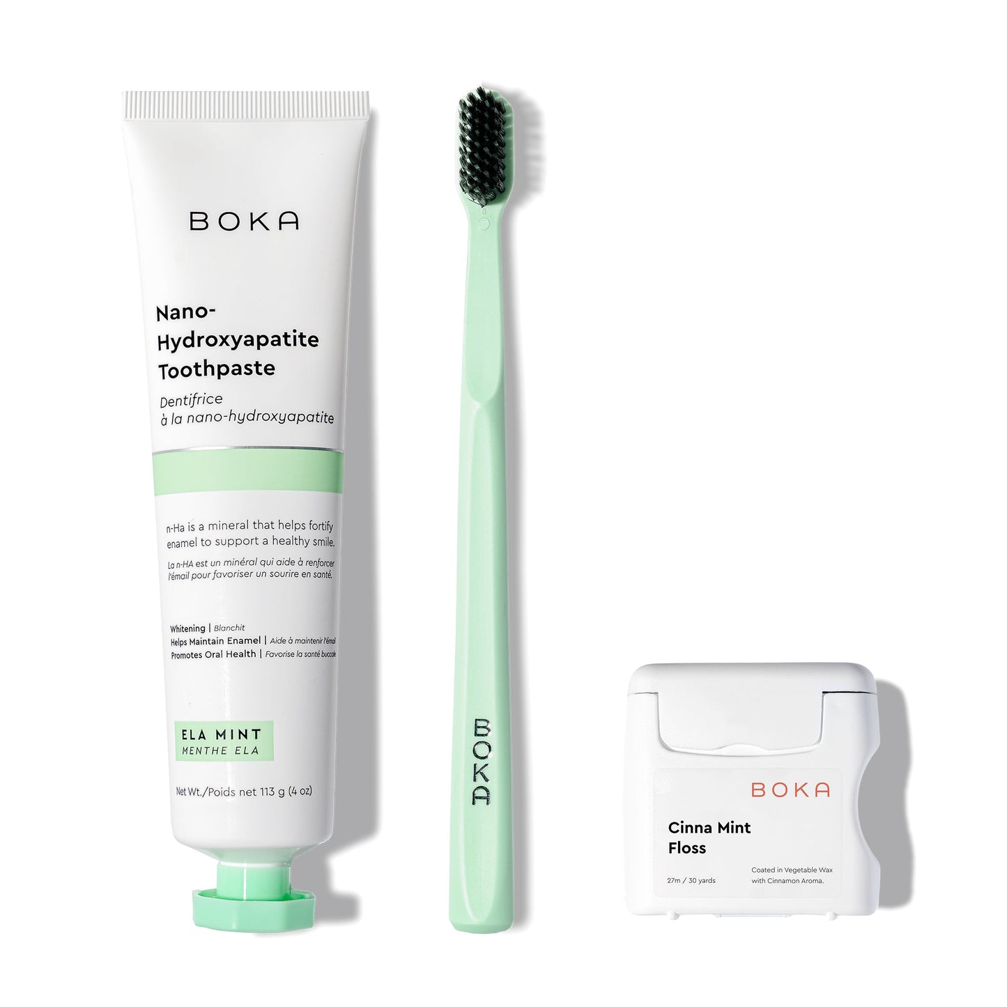 Boka Classic Kit: nano-hydroxyapatite toothpaste, teflon-free floss & green charcoal bristle brush.