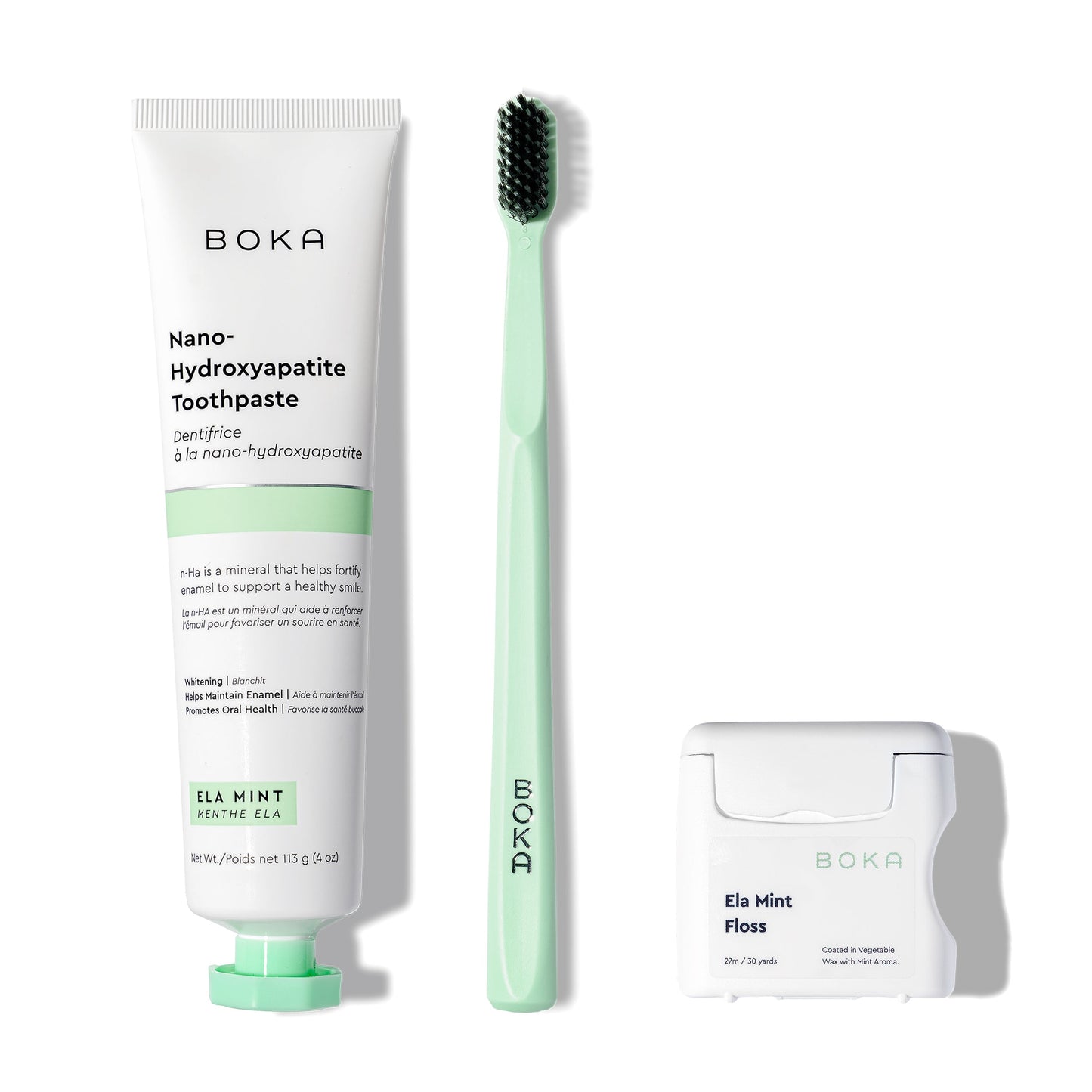 The Classic Kit includes nano-hydroxyapatite toothpaste, a green charcoal brush, and teflon-free floss.