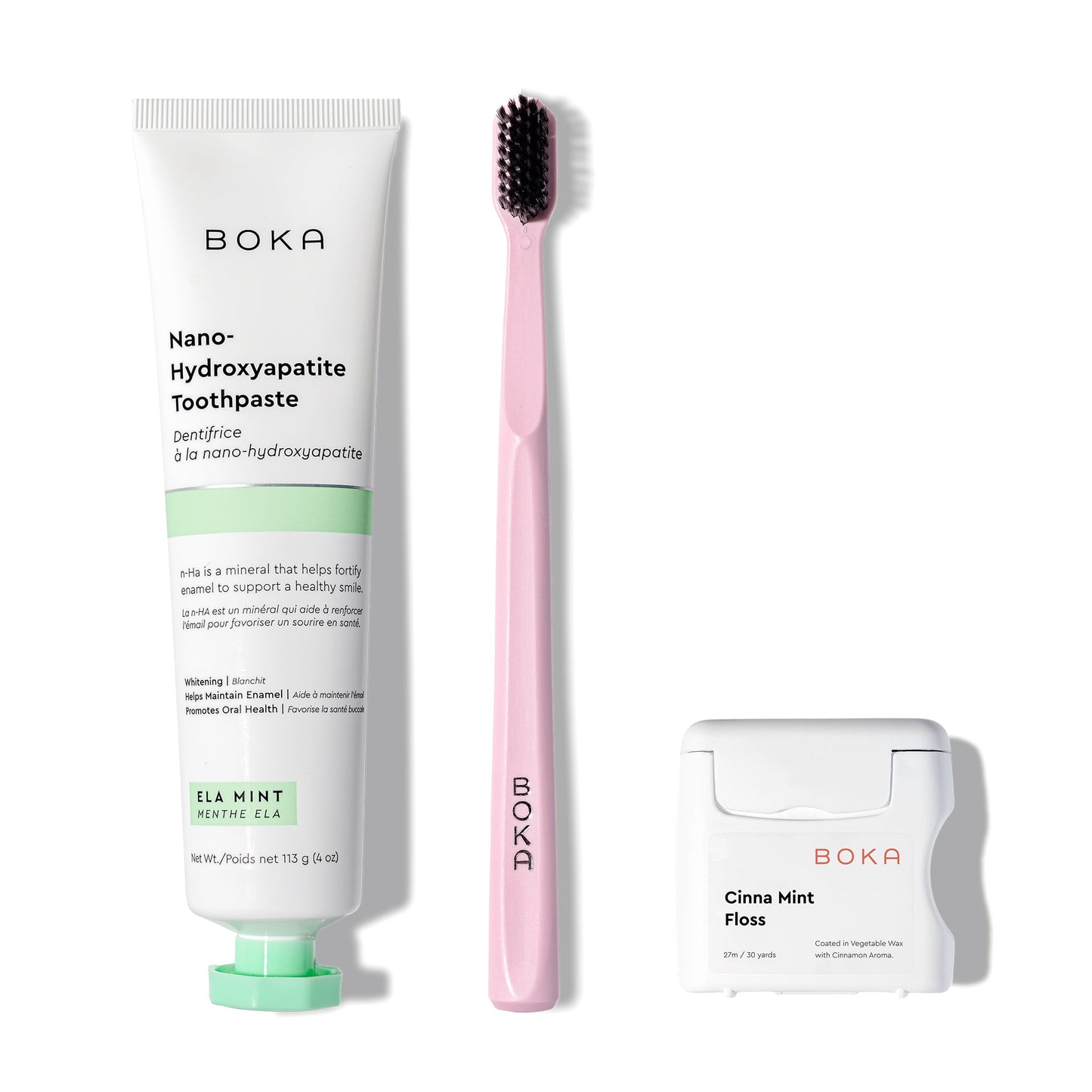 Classic Kit: nano-hydroxyapatite toothpaste, pink charcoal-bristle brush, teflon-free floss.