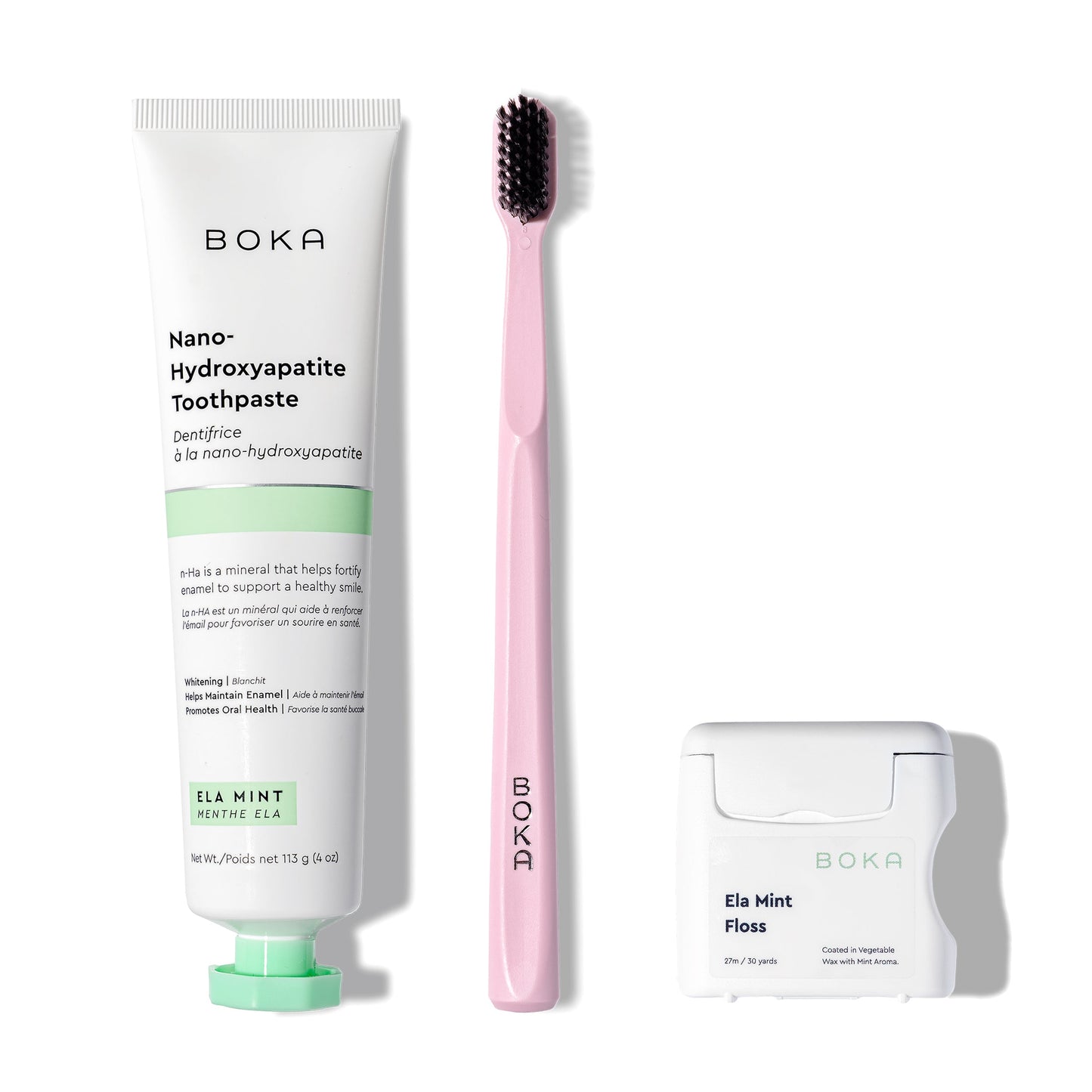 Classic Kit: nano-hydroxyapatite toothpaste, pink charcoal brush, and teflon-free floss.