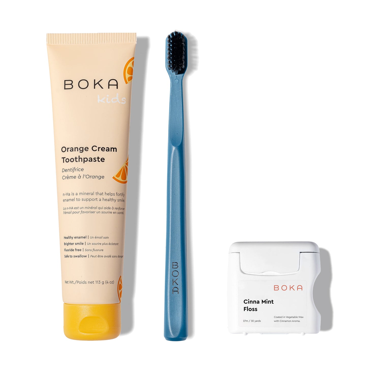 Classic Kit: nano-hydroxyapatite toothpaste, blue brush with charcoal bristles, teflon-free floss.