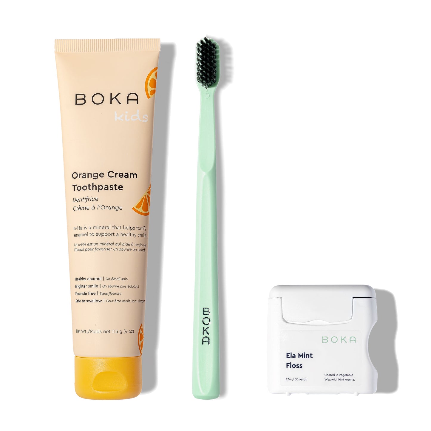 Classic Kit: kids nano-hydroxyapatite toothpaste, green charcoal toothbrush, teflon-free floss.